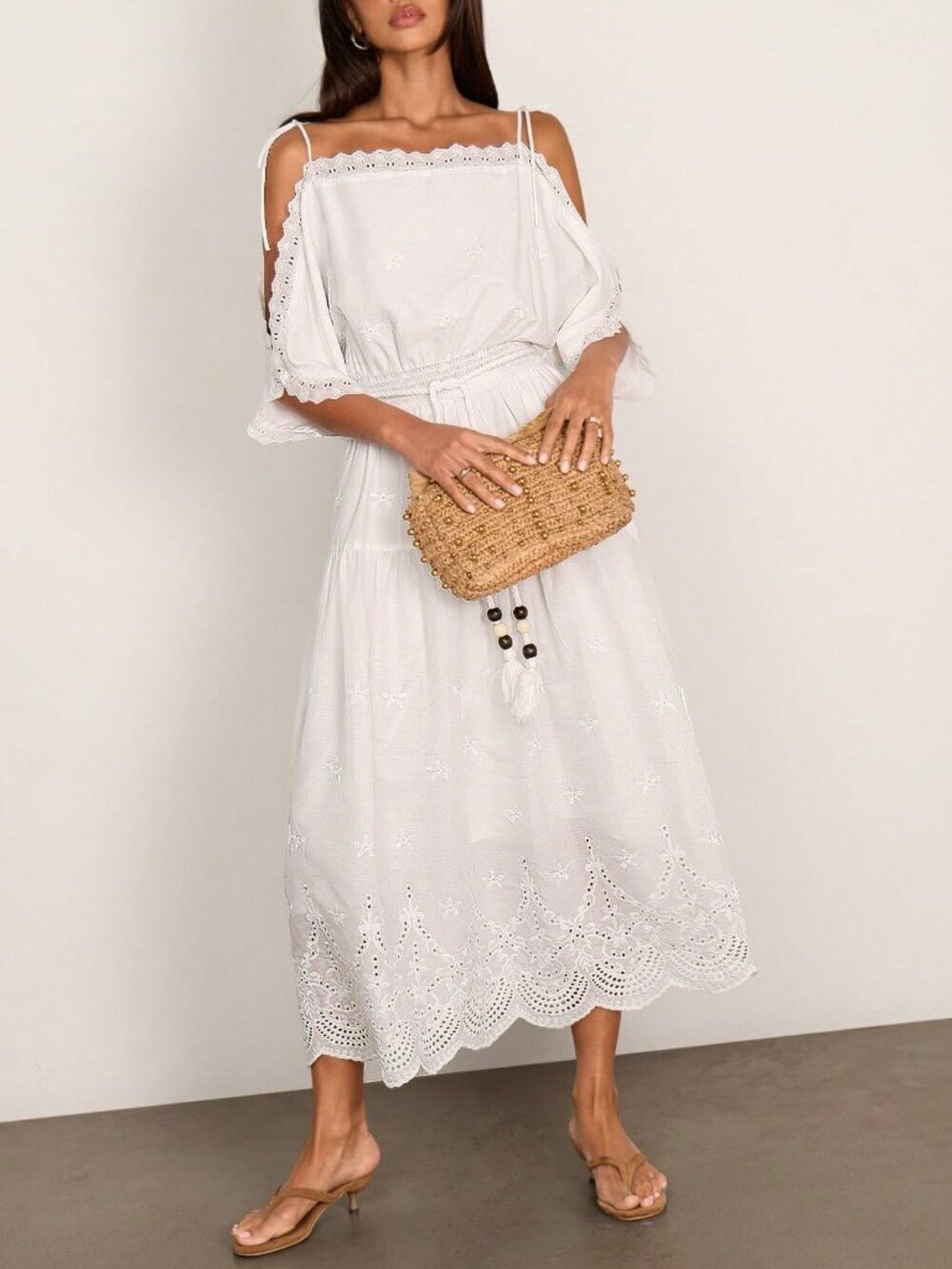 White Boho Women's Hollow-Out Embroidered Off-Shoulder Loose Dress